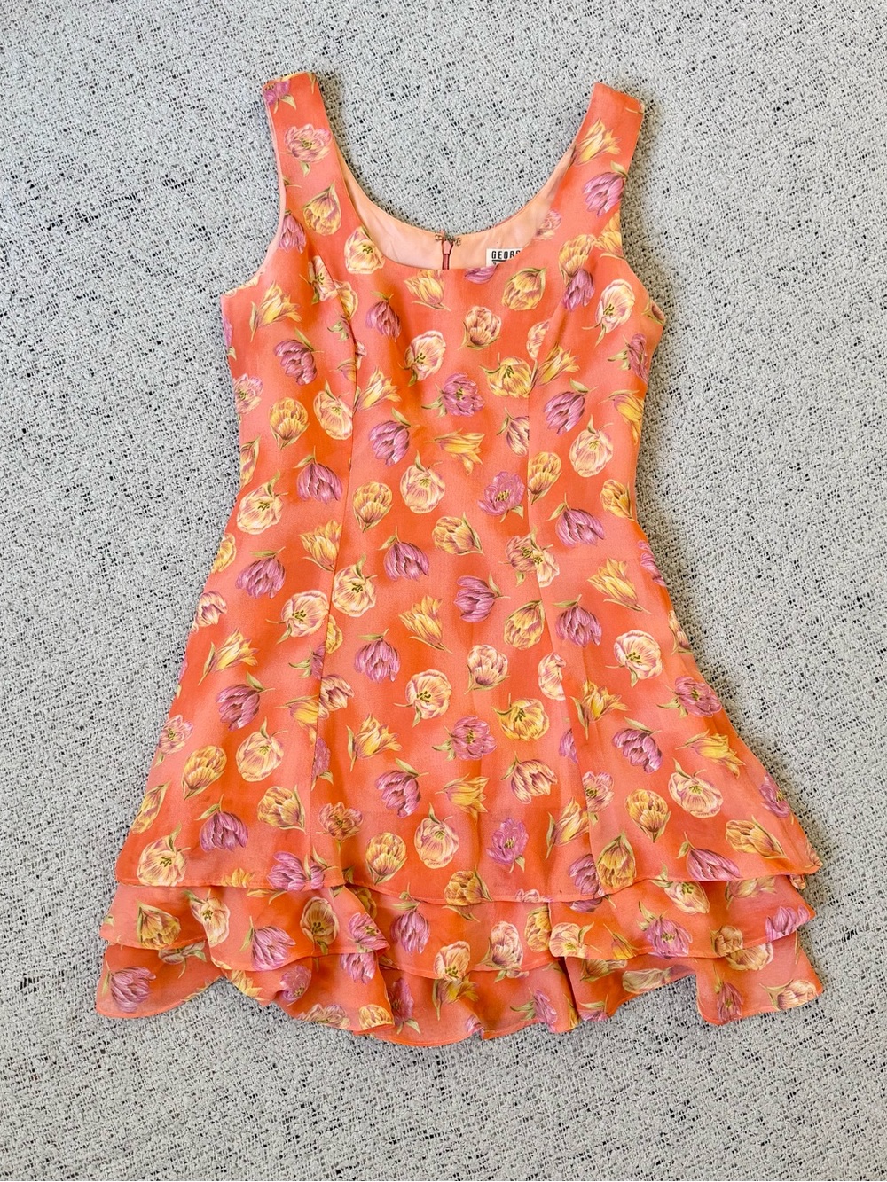 Vintage 90s Georgiou Studio Coral Orange Floral Tiered Dress Size S